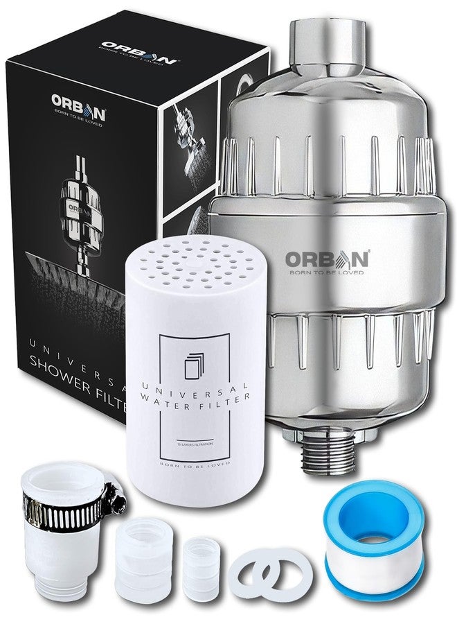 ORBON Water Softener for Bathroom | Shower Filter for Bathroom | Hard water Softener for Shower | Hard Water Shower Filter | With 3 In 1 Universal Adapter & Teflon Tape | 1 Extra Cartage | Chrome - Image 1